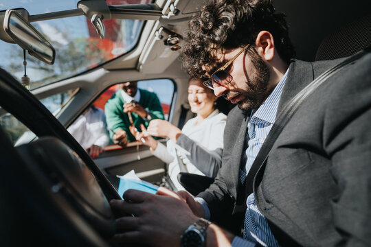 Group Of Business People In Formal Attire Sharing A Ride In A Car, Depicting Carpooling, Teamwork, And Corporate Lifestyle.