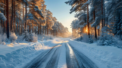 Winter Wonderland: Snowy Forest Aerial View - obrazy, fototapety, plakaty