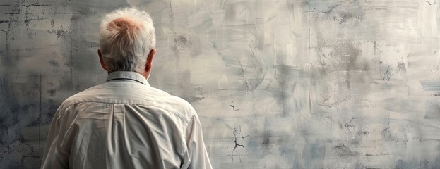 a man with white hair looking at a wall