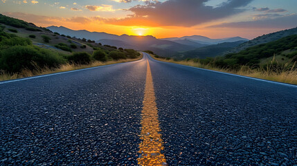 Road to the horizon. Concept of initial planning and problem solving or career path, business strategy, opportunity and change on sunset background. - obrazy, fototapety, plakaty