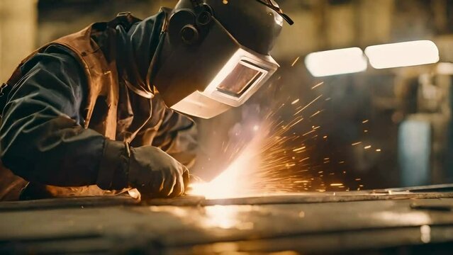 A skilled welder in protective gear meticulously working on a steel structure, Welder welding sheet metal, jobs, occupations, idustry workers, stock video, stock people videos, stock occupation videos