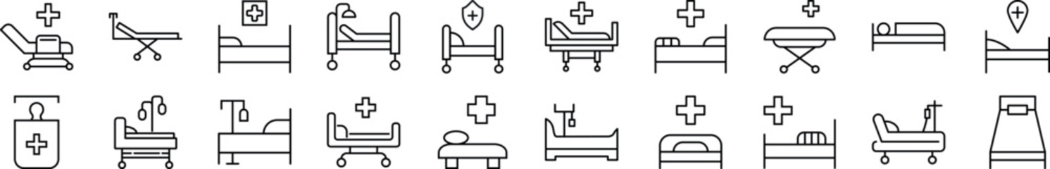 Collection of thin line icons of hospital bed. Editable stroke. Simple linear illustration for web sites, newspapers, articles book