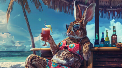 Anthropomorphic cute bunny sitting at a tropical beach bar and drinking a cocktail. Concept of summer, holidays, recreation - obrazy, fototapety, plakaty