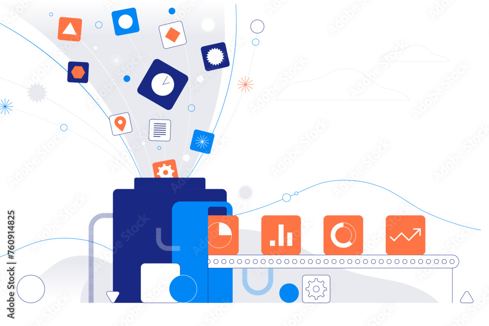 Poster an idea of analytics. depicting how raw data is processed to produce actionable information. people 