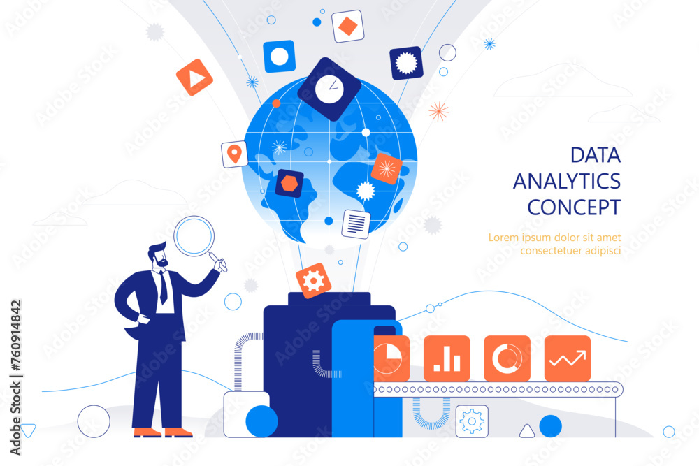 Poster an idea of analytics. depicting how raw data is processed to produce actionable information. people 