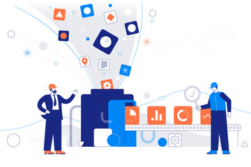 An idea of analytics. Depicting how raw data is processed to produce actionable information. People interacting with charts and analysing statistics. Data visualisation concept vector illustration