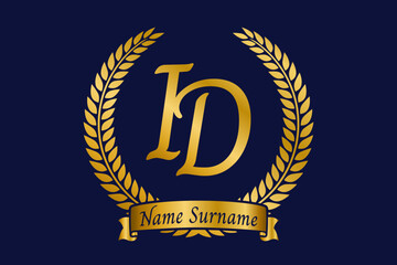 Initial letter I and D, ID monogram logo design with laurel wreath. Luxury golden calligraphy font.