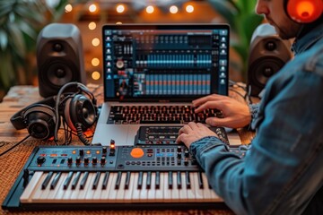 A man is in a recording studio playing a keyboard - obrazy, fototapety, plakaty
