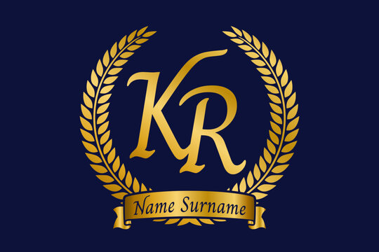 Initial letter K and R, KR monogram logo design with laurel wreath. Luxury golden calligraphy font.