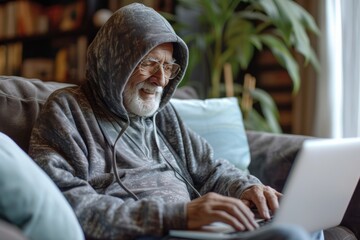 Obraz premium Happiness at work: elderly man in hood on sofa, devotedly doing business at computer