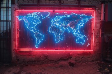 world map on wall illuminated with leds