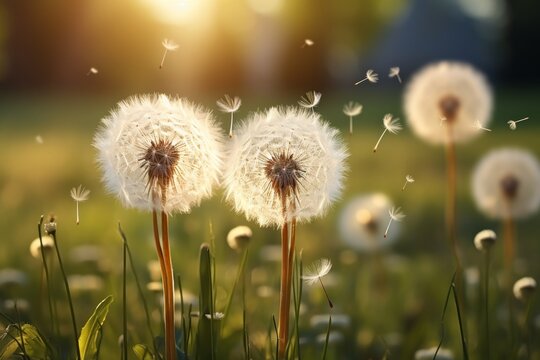 Spring dandelion clearing in green grass at sunset, soft blurred background nature image for design