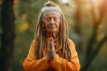 Elderly woman with dreadlocks closing eyes in prayer in natural landscape