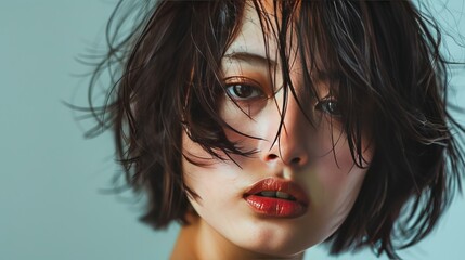 Close-up of a woman with a messy, textured lob haircut, posing in a studio setting,  - obrazy, fototapety, plakaty