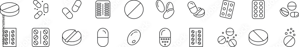 Poster collection of thin line icons of pills. editable stroke. simple linear illustration for web sites, n