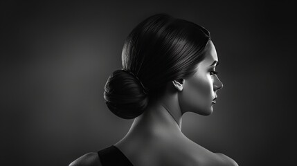 Portrait of a woman with a sleek chignon hairstyle, wearing elegant evening attire, 