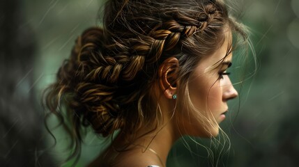Portrait of a woman with intricate fishtail braid,  - obrazy, fototapety, plakaty
