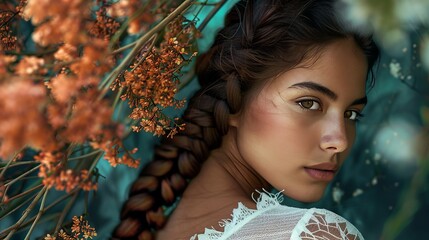 Portrait of a woman with intricate fishtail braid, 