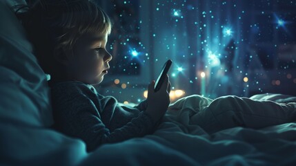 child looking at a smartphone in the evening