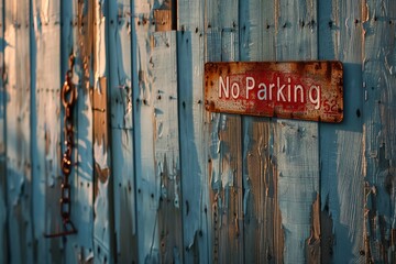 A weathered no parking sign clings to a wooden fence, rust seeping through its once authoritative facade. - obrazy, fototapety, plakaty