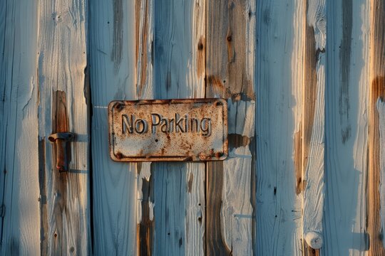 A weathered, rusted No Parking sign is attached to a wooden fence, standing as a reminder against unauthorized parking.