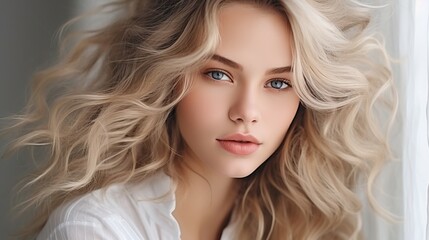 Close-up shot of a beauty young woman with blond hair on a light background. - obrazy, fototapety, plakaty