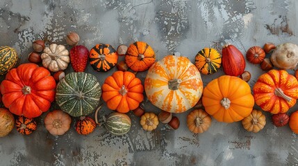 Assortment of pumpkins and chestnuts arranged on grey concrete background