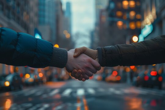 A close up shot capturing two individuals shaking hands in the midst of a bustling city street, a symbol of unity and agreement amidst urban chaos.
