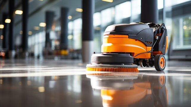 Close-up shot of floor polishing machine on office floor