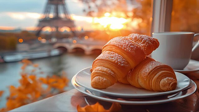 Delicious french croissants on romantic background of Eiffel tower. Created with Generative AI.
