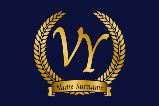 Initial letter V and Y, VY monogram logo design with laurel wreath. Luxury golden calligraphy font.