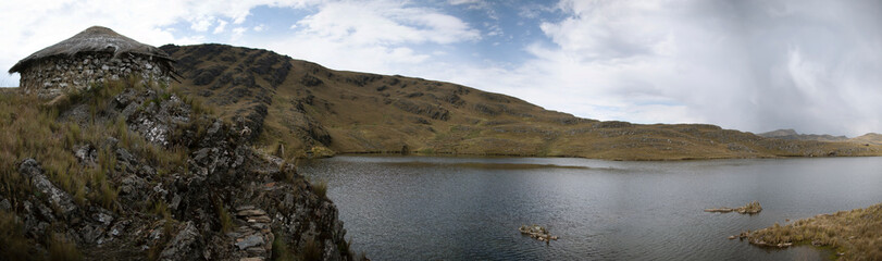 lake and mountains with hut