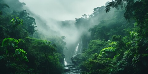 Majestic Waterfall Surrounded by Green Trees - Powered by Adobe