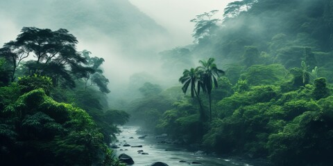 River Flowing Through Lush Green Forest - obrazy, fototapety, plakaty
