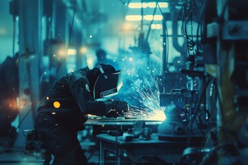 male welder working in a factory - obrazy, fototapety, plakaty