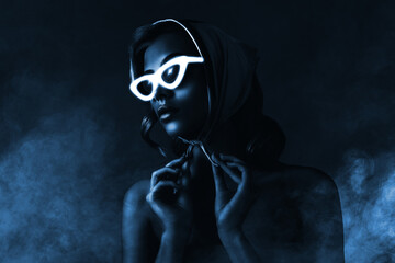 Collage 3d image sketch of pretty lady summer vacation wear head scarf neon light sunglass night...