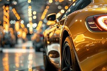 Modern gold coloured sports expensive car in the car showroom at the showroom - obrazy, fototapety, plakaty