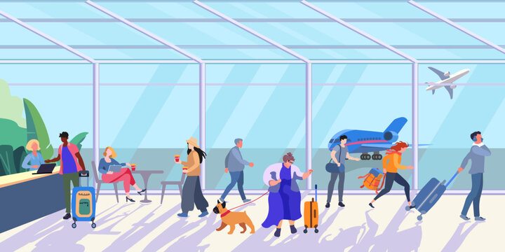 Sunny Interior inside the airport terminal with people and luggage. Airport lounge on a sunny day. A large woman with a dog and a running girl. Flight check in counter. Flat vector illustration for