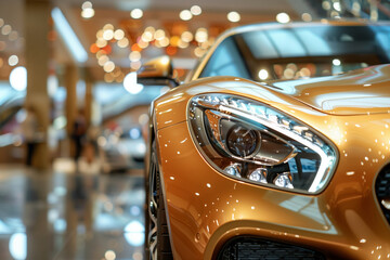 Modern gold coloured sports expensive car in the car showroom at the showroom