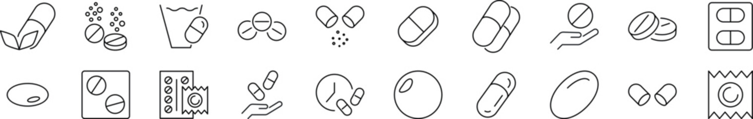 Set of line icons of medications, pills, drugs. Editable stroke. Simple outline sign for web sites, newspapers, articles book