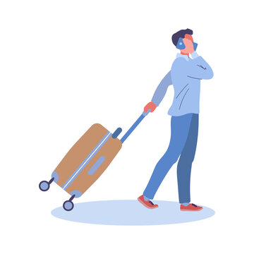 A young man walks with luggage and talks on the phone. Yellow bag on wheels. Hand graw Isolated cartoon. Flat vector illustration