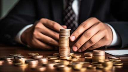 Businessman Stacking Coins on Wooden Table
