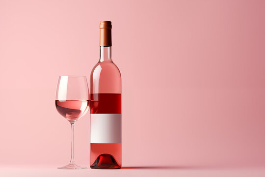 Elegant Rose Wine Bottle and Glass on Pink Background

