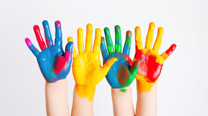 Children's Hands Covered in Colorful Paint
