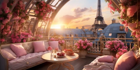 Balcony Overlooking Eiffel Tower - obrazy, fototapety, plakaty