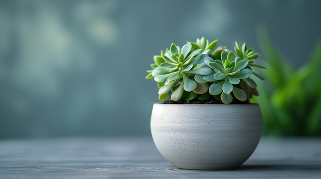 A succulent in a dark cement pot. Side view on a gray shelf against a gray wall. Copy space.