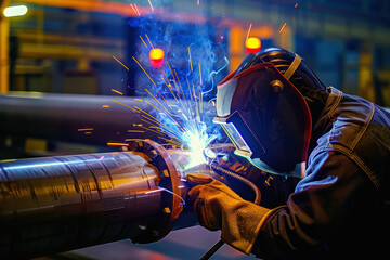 Skilled worker safely welding steel pipe in an advanced industrial factory, showcasing precision and expertise in engineering and manufacturing processes - obrazy, fototapety, plakaty
