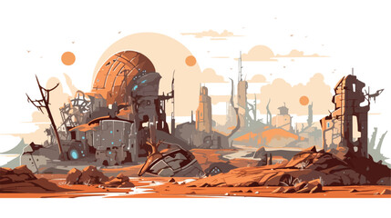 Cybernetic wasteland with ruins of advanced technol - obrazy, fototapety, plakaty
