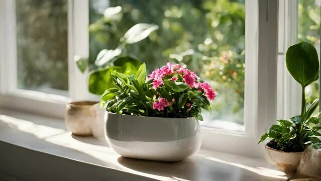 beautiful flower plants near the window of the house. Seamless looping 4K video animation background. calming nature video, relaxing video, asmr videos, youtube, stock videos
