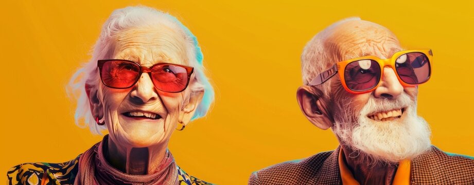 elderly couple old people on a yellow background in a fashionable image